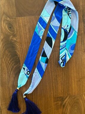 Emilio Pucci Blue Aqua Silk Scarf Tie / Belt with Tassels